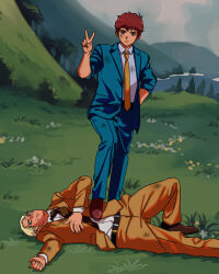 2boys amuro_ray arm_behind_back belt black_belt black_necktie blonde_hair blue_eyes blue_jacket blue_pants blue_shirt blue_suit brown_hair brown_shoes char&#039;s_counterattack char_aznable collared_shirt commentary_request day dirty dirty_clothes dirty_face facing_viewer field foot_on_another&#039;s_stomach formal_clothes grass gundam highres jacket looking_ahead lying male_focus multiple_boys nature necktie on_back on_grass outdoors pants shirt shoes sleeve_cuffs sleeves_rolled_up suit suit_jacket tree v white_shirt wing_collar yellow_jacket yellow_necktie yellow_shirt yellow_suit yy0880yy