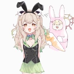 2girls :d alternate_costume amatsuna_sasaha animal_costume animal_ears arms_behind_back black_leotard blush bow bowtie breasts bright_pupils brown_hair buranka buttons carrot commentary_request cowboy_shot fake_animal_ears flower green_bow green_bowtie green_skirt halo hinata_mashu leotard long_hair looking_at_viewer multiple_girls nanashi_inc. open_mouth orange_eyes orange_halo panda_ears panda_girl rabbit_costume rabbit_ears simple_background skirt small_breasts smile solo_focus virtual_youtuber white_background white_pupils