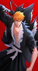 1boy :d abs absurdres bankai bleach bleach:_sennen_kessen-hen brown_eyes chain collarbone commentary_request cowboy_shot fighting_stance floating_clothes floating_hair glint grin highres holding holding_sword holding_weapon katana kuni_929 kurosaki_ichigo looking_at_viewer male_focus muscular muscular_male obi open_mouth orange_hair red_background sash shihakusho short_hair simple_background smile smug solo spiked_hair sword tensa_zangetsu_(bankai) torn_clothes tsurime v-shaped_eyebrows weapon