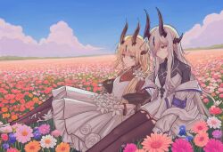 2girls arknights armband black_horns black_shirt blonde_hair blue_flower bodystocking brown_horns brown_thighhighs chinese_commentary closed_mouth cloud collared_shirt commentary_request covered_collarbone day dress expressionless field flower flower_field green_eyes hair_flower hair_ornament hair_over_one_eye highres horizon horns jacket long_hair multiple_girls necrass_(arknights) off_shoulder on_ground one_eye_covered orange_flower outdoors pink_flower purple_armband purple_flower reed_(arknights) reed_the_flame_shadow_(arknights) shirt shu_shu_shu_lan siblings sidelocks sisters sitting smile spaghetti_strap thighhighs torn_clothes torn_thighhighs white_dress white_flower white_hair white_jacket yellow_flower