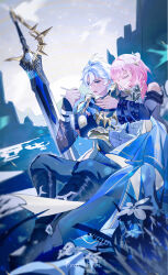 1104373248 1boy 1girl absurdres antenna_hair bare_shoulders black_pants blue_eyes chopsticks closed_eyes cup_ramen cyrene_(honkai:_star_rail) eating flower grass highres holding holding_chopsticks honkai:_star_rail honkai_(series) long_sleeves medium_hair on_grass open_mouth pants phainon_(honkai:_star_rail) pink_hair planted planted_sword planted_weapon sky smile sword weapon white_flower white_hair