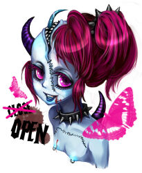 Rule 34 | 1girl, :d, bare shoulders, blood, blood on teeth, blue nipples, blue tongue, breasts, bug, butterfly, collar, colored nipples, colored tongue, commentary, commentary request, completely nude, cropped torso, english commentary, extra mouth, fangs, hairband, horns, insect, looking at viewer, michizuki, monster girl, nipple piercing, nude, open mouth, original, piercing, pink eyes, ponytail, punk, red hair, sharp teeth, side ponytail, simple background, small breasts, smile, solo, spiked collar, spiked hairband, spikes, stitched face, stitched torso, stitches, teeth, tongue, tongue out, white background