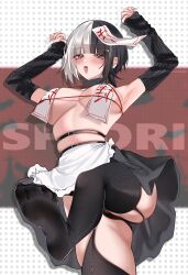 1girl absurdres acedia apron arms_up black_arm_warmers black_hair black_panties black_thighhighs breasts feet highres hololive hololive_english large_breasts leg_lift looking_at_viewer multicolored_hair ofuda ofuda_on_head ofuda_on_nipples open_mouth panties pasties shiori_novella soles solo split-color_hair thighhighs tongue tongue_out two-tone_hair underwear virtual_youtuber waist_apron white_apron white_hair yellow_eyes