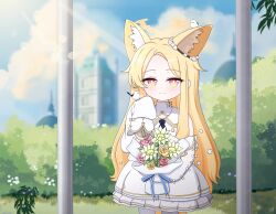 1girl absurdres animal_ear_fluff animal_ears bird black_neckerchief blonde_hair blue_archive blue_sky blush building closed_mouth cloud commentary dress flower fox_ears fox_girl fox_tail grass halo highres holding holding_flower long_hair looking_at_viewer multicolored_eyes neckerchief outdoors plant seia_(blue_archive) sky sleeves_past_fingers sleeves_past_wrists tail tit_(bird) tonghua_sakana white_dress white_sleeves yellow_halo