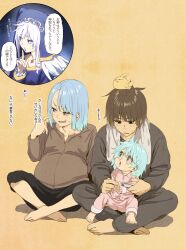 1boy 2girls :o aqua_(konosuba) barefoot black_pants blue_hair blush blush_stickers brown_background brown_hair collarbone d: eris_(konosuba) family highres izawa_(bhive003) kono_subarashii_sekai_ni_shukufuku_wo! long_sleeves medium_hair multiple_girls open_mouth pants pink_pants pink_shirt pregnant satou_kazuma shirt short_hair simple_background towel towel_around_neck translation_request