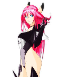 1girl black_gloves black_thighhighs choker closed_mouth gloves kz-red leotard long_hair looking_at_viewer mieu_(phantasy_star) phantasy_star phantasy_star_iv pink_hair simple_background smile solo thighhighs white_background