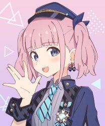 1girl :d absurdres aqua_necktie blue_eyes blue_jacket blush bow collared_shirt commentary_request earrings girls_band_cry gradient_background grey_shirt hair_bow hat highres hina_(girls_band_cry) jacket jewelry looking_at_viewer mimori_(mimori_05) necktie open_clothes open_jacket open_mouth pink_background pink_hair police_hat purple_background shirt short_twintails smile solo teeth twintails upper_body upper_teeth_only wrist_cuffs