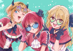 3girls arima_kana b-komachi_(new) blonde_hair blue_eyes double_v fake_horns fang frills gloves hat highres horns hoshino_ruby idol long_hair memcho mini_hat mini_top_hat multiple_girls nguyen_huy one_eye_closed open_clothes open_mouth oshi_no_ko pink_eyes red_eyes red_hair short_hair short_sleeves smile star_(symbol) star_in_eye sunglasses symbol_in_eye teeth top_hat upper_teeth_only v