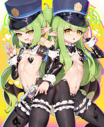Rule 34 | 2girls, :d, absurdres, animal ears, armband, black pasties, black shrug, black tail, blue archive, blue armband, blush, breasts, crotchless, demon tail, frilled thigh strap, frontless outfit, green hair, green halo, gun, halo, handgun, hat, heart maebari, heart pasties, highres, hikari (blue archive), hiphighs, holding, holding gun, holding weapon, latex, latex legwear, leotard, long hair, long sleeves, looking at viewer, maebari, meme attire, multiple girls, navel, nozomi (blue archive), open mouth, pasties, peaked cap, playboy bunny, pointy ears, revealing clothes, reverse bunnysuit, reverse outfit, revolver, shiny clothes, shrug (clothing), siblings, simple background, sisters, small breasts, smile, tail, thigh strap, train conductor, twins, twintails, very long hair, weapon, wrist cuffs, xg epee, yellow eyes