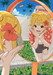 Rule 34 | 1girl, absurdres, black shorts, blonde hair, day, floral print, flower, hair flower, hair ornament, highres, mashiro ka, open clothes, open mouth, open shirt, original, outdoors, palm tree, print shirt, red flower, red shirt, reflection, reflection focus, road, shirt, short sleeves, shorts, solo, standing, standing on one leg, street, traffic mirror, tree, twintails