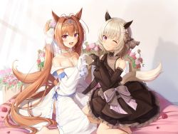 2girls absurdres alternate_costume animal_ears bare_shoulders barefoot bed black_dress black_gloves blush breasts brown_hair choker cleavage closed_mouth curren_chan_(sakutsuki_ma_cherie)_(umamusume) curren_chan_(umamusume) daiwa_scarlet_(umamusume) dress elbow_gloves flower gloves grey_hair hair_intakes hair_ornament heart heart_hands heart_hands_duo highres horse_ears horse_girl horse_tail long_hair medium_breasts multiple_girls on_bed one_eye_closed open_mouth osom9525 panties panty_peek petals purple_eyes rose short_hair sitting sleeveless sleeveless_dress small_breasts smile tail tiara twintails umamusume underwear white_dress white_gloves yokozuwari