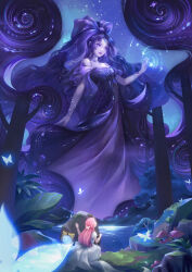 2girls absurdly_long_hair ahoge animal back_bow bare_arms bare_shoulders blue_butterfly bow bracelet bug butterfly butterfly_hair_ornament by_yi cat chinese_commentary cloak closed_eyes clothed_animal commentary_request dress ear_covers eyelashes floating_hair forehead_jewel forest from_behind full_body giant giantess godfall_omens_(shining_nikki) gown hair_bow hair_ornament hiding highres hood hood_up hooded_cloak insect jewelry lake large_bow lipstick long_dress long_hair looking_ahead looking_at_another magic makeup momo_(nikki) multiple_girls mushroom nature necklace night night_sky nikki_(nikki) nikki_(series) off-shoulder_dress off_shoulder outdoors parted_lips pink_hair puffy_short_sleeves puffy_sleeves purple_bow purple_dress purple_eyes purple_hair purple_lips rock shining_nikki short_sleeves sky star_(sky) starry_sky teeth very_long_hair wavy_hair whiskers white_bow white_cat white_dress yellow_cloak