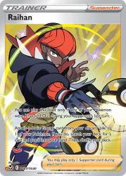 1boy artist_name black_hair blue_eyes blue_shorts card_(medium) character_name company_name copyright_name copyright_notice dark-skinned_male dark_skin dynamax_band english_text grey_hair hat hood hood_down male_focus multicolored_hair nintendo official_art open_poke_ball orange_hat poke_ball pokemon pokemon_card pokemon_swsh pokemon_tcg raihan_(pokemon) short_hair shorts smile solo sparkle take_(takegarou) third-party_source throwing throwing_poke_ball trading_card two-tone_hair ultra_ball