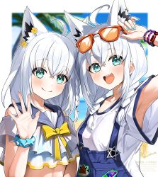 Rule 34 | 2girls, :d, ahoge, animal ear fluff, animal ear piercing, animal ears, aqua eyes, arm up, armpits, bikini, bikini under clothes, blue bikini, blue overalls, blue sailor collar, blurry, blurry background, bracelet, braid, closed mouth, commentary request, cropped shirt, day, denim overalls, double-parted bangs, dual persona, eyewear on head, fox ears, fox girl, frilled shirt, frills, hair between eyes, highres, hololive, jewelry, kito koruta, long hair, looking at viewer, low ponytail, low twin braids, multiple girls, off-shoulder shirt, off shoulder, official alternate costume, official alternate hairstyle, open mouth, orange-framed eyewear, orange-tinted eyewear, overalls, ponytail, sailor collar, scrunchie, shirakami fubuki, shirt, short sleeves, side braid, sidelocks, smile, sunglasses, swimsuit, t-shirt, teeth, tinted eyewear, twin braids, upper body, upper teeth only, virtual youtuber, waving, white hair, white shirt, wrist scrunchie