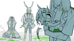 1other 3girls amiya_(arknights) animal_ears arknights ascot baby bow bowtie carrying carrying_baby carrying_person closed_eyes crying doctor_(arknights) faceless full_body hands_in_pockets highres hood hooded_coat jacket long_hair long_sleeves miniskirt monochrome multiple_girls open_clothes open_jacket open_mouth pleated_skirt ponytail priestess_(arknights) rabbit_ears rabbit_girl short_hair simple_background skirt spot_color sweat teasmacker upper_body