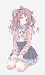 1girl blue_bow blue_eyes blue_skirt bow collared_shirt commentary_request cropped_jacket full_body gakuen_idolmaster hanami_saki hatsuboshi_gakuen_school_uniform highres idolmaster jacket layered_skirt long_hair long_sleeves miniskirt no_shoes pink_hair pink_jacket pleated_skirt school_uniform seiza shadow shirt sitting skirt socks solo tofu_thunder white_background white_shirt white_socks