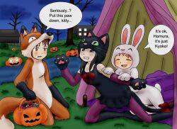 Rule 34 | 3girls, akemi homura, animal costume, bow, candy, cat costume, food, fox costume, halloween, highres, jack-o&#039;-lantern, kaname madoka, mahou shoujo madoka magica, majka626, multiple girls, night, pumpkin, rabbit costume, sakura kyoko, speech bubble, tail, tail bow, tail ornament, tent