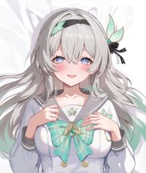 1girl absurdres bed_sheet black_hairband blush bow bowtie breasts buttons collarbone comiket_106 double-breasted firefly_(honkai:_star_rail) firefly_(spring_missive)_(honkai:_star_rail) gradient_eyes green_bow green_bowtie green_pupils grey_hair grey_sailor_collar hairband hands_on_own_chest highres honkai:_star_rail honkai_(series) long_hair looking_at_viewer medium_breasts multicolored_eyes open_mouth plaid_bow plaid_bowtie plaid_clothes rrr_gns_(riuriu_1212) sailor_collar shirt smile solo two-tone_eyes upper_body white_shirt