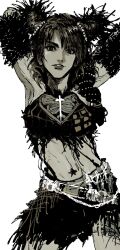Rule 34 | 1girl, absurdres, arm warmers, armpits, arms behind head, arms up, belt, braid, cone hair bun, cowboy shot, crop top, double bun, hair bun, highres, jojo no kimyou na bouken, kuujou jolyne, looking at viewer, midriff, monochrome, my nameisyoon, navel, navel piercing, piercing, skirt, solo, stone ocean, white background