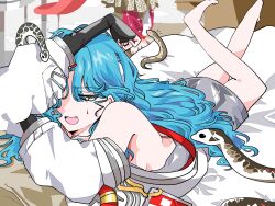 2girls arm_on_own_head bare_shoulders barefoot blue_hair dress fang feet_up green_eyes grey_dress half-closed_eyes highres hissabeth jacket kiperina long_hair lying multiple_girls off_shoulder on_bed on_stomach one_eye_covered open_mouth reverse:1999 roru_(5viaz8yjoo43874) short_dress sleeveless sleeveless_dress snake solo_focus sweat the_pose white_jacket