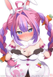1girl absurdres ahoge animal_ears black_gloves black_leotard black_pantyhose blue_eyes blush braid breasts carrot_hair_ornament closed_mouth cosplay don-chan_(usada_pekora) dress fake_animal_ears food-themed_hair_ornament fur-trimmed_dress fur-trimmed_gloves fur_trim gloves hair_ornament highres hololive hololive_dev_is kikirara_vivi leotard leotard_under_clothes medium_breasts multicolored_hair pantyhose pink_hair purple_hair rabbit_ears smile solo star-shaped_pupils star_(symbol) streaked_hair suicabar72 symbol-shaped_pupils twin_braids usada_pekora usada_pekora_(1st_costume) usada_pekora_(cosplay) virtual_youtuber white_dress