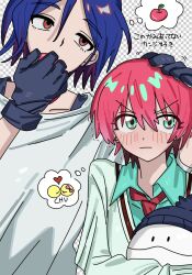 1boy 1girl absurdres amate_yuzuriha apple aqua_eyes blue_hair blush breasts collared_shirt colored_inner_hair commentary_request food fruit gloves gundam gundam_gquuuuuux hand_on_another&#039;s_head haro hat heart highres holding holding_food holding_fruit kiss long_sleeves multicolored_hair necktie purple_hair red_eyes red_hair ribbon s2syu1s2 school_uniform shirt short_hair shuji_ito speech_bubble spoken_food spoken_heart sweater thought_bubble two-tone_hair upper_body white_shirt