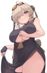 Rule 34 | 1girl, back bow, black dress, black gloves, blonde hair, blush, bow, breasts, brown hair, bun cover, chinese clothes, cleavage, clothes lift, clothing cutout, double bun, dress, dress lift, embarrassed, eyes visible through hair, fingerless gloves, from below, gloves, hair bun, hair ornament, hair over one eye, hair tie, large breasts, light brown hair, low twintails, orange-tinted eyewear, purple eyes, short hair, single glove, sleeveless, sleeveless dress, solo, sunglasses, sunglasses on head, sweat, sweety (zenless zone zero), teruriu, thick thighs, thigh strap, thighs, tinted eyewear, twintails, underboob, underboob cutout, wavy mouth, zenless zone zero