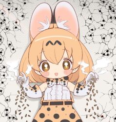 1girl animal_ears arms_up belt blonde_hair blush bow bowtie bullet cat_ears cat_girl elbow_gloves extra_ears gloves kemono_friends looking_at_viewer notora serval_(kemono_friends) shirt short_hair skirt sleeveless sleeveless_shirt solo yellow_eyes