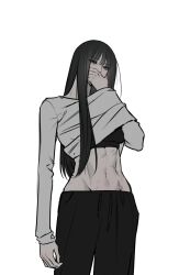 1girl absurdres artist_request black_hair clothes_lift highres navel pants shirt_lift tagme toned