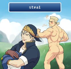 2boys artist_name ass bandana bara biceps black_bandana black_shirt blonde_hair blush brown_gloves closed_mouth commentary completely_nude dialogue_box dong_saeng_(gaysomecomics) english_commentary english_text final_fantasy final_fantasy_vi gloves grey_hair locke_cole looking_at_viewer looking_back looking_down male_focus multiple_boys muscular muscular_male notice_lines nude one_eye_closed ponytail sabin_rene_figaro shirt signature smile sweatdrop theft third-party_source tongue tongue_out white_shirt