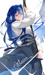 1girl absurdres arknights astesia_(arknights) blue_eyes blue_hair bright_pupils character_name closed_mouth dress highres liliyfox long_hair long_skirt looking_at_viewer shirt simple_background skirt smile solo white_background white_pupils white_shirt
