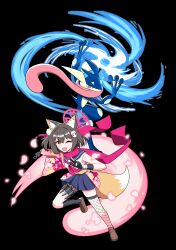 Rule 34 | 1girl, 1other, absurdres, alice picaro, animal ears, asymmetrical clothes, asymmetrical legwear, blue archive, brown hair, cherry blossoms, crossover, dynamic pose, fox ears, fox girl, fox tail, full body, gen 6 pokemon, greninja, halo, highres, izuna (blue archive), kunai, nintendo, one eye closed, pink sailor collar, pink scarf, pleated skirt, pokemon, pokemon (creature), powering up, sailor collar, scarf, short hair, shuriken, skirt, tail, water shuriken (pokemon), weapon