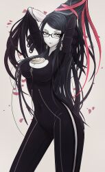 1girl absurdres arms_up bayonetta bayonetta_(series) bayonetta_1 black-framed_eyewear black_bodysuit black_hair bodysuit breasts cleavage cleavage_cutout closed_mouth clothing_cutout commentary cowboy_shot english_commentary glasses grey_background grey_eyes highres large_breasts lerimar long_hair long_sleeves looking_at_viewer mole mole_under_mouth petals simple_background smile solo swept_bangs