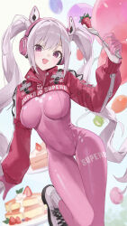 Rule 34 | 1girl, absurdres, alice (nikke), animal ear headphones, animal ears, balloon, blurry, blurry background, bodysuit, breasts, clothes writing, covered navel, fake animal ears, food, fruit, gloves, goddess of victory: nikke, grey hair, hand up, headphones, highres, impossible bodysuit, impossible clothes, large breasts, latex, latex bodysuit, leotard, light blush, long hair, looking at viewer, open mouth, pancake, pancake stack, pink bodysuit, pink eyes, pink gloves, pink leotard, pink shrug, shrug (clothing), simple background, skin tight, smile, solo, standing, standing on one leg, strawberry, thigh gap, two-tone gloves, very long hair, white background, white gloves, xuegao ice