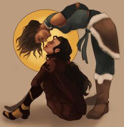 2girls arms_behind_back asami_sato avatar_legends black_hair boots breasts brown_footwear brown_hair closed_eyes commentary dark-skinned_female dark_skin english_commentary eyeshadow highres imminent_kiss knees_up korra leaning_forward lipstick makeup medium_hair multiple_girls mur_cielago_art red_lips simple_background sitting small_breasts the_legend_of_korra yuri