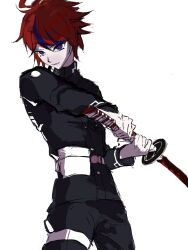 1boy ahoge blue_eyes blue_hair closed_mouth highres holding holding_sword holding_weapon male_focus multicolored_eyes multicolored_hair red_eyes red_hair simple_background solo sumino_takumi sword the_hundred_line_-last_defense_academy- weapon white_background
