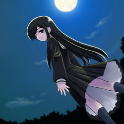 1girl black_eyes black_serafuku commentary_request full_moon light_smile looking_at_viewer maria-sama_ga_miteru moon namonashi night ogasawara_sachiko outdoors school_uniform serafuku skirt sky solo