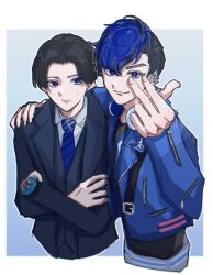 Rule 34 | 2boys, bakuage sentai boonboomger, black hair, black suit, blue eyes, blue hair, boonboom changer, earrings, formal clothes, futon0102, headphones, headphones around neck, highres, jacket, jewelry, meita ishiro, multiple boys, necktie, ohsama sentai king-ohger, short hair, stud earrings, suit, super sentai, upper body, yanma gast
