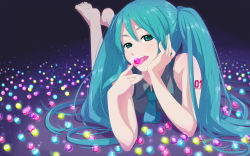 Rule 34 | 1girl, aqua eyes, aqua hair, aqua nails, barefoot, blurry, candy, depth of field, feet, female focus, food, hatsune miku, head rest, highres, long hair, lying, mikumix, nail polish, naughty face, necktie, on stomach, open mouth, smile, solo, the pose, tongue, twintails, vocaloid, watermark, yachiwo