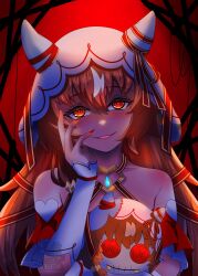 1girl absurdres animal_ears blush breasts brown_hair collarbone commentary_request doll hand_on_own_cheek hand_on_own_face highres horse_ears horse_girl looking_at_viewer nawaneko_(ropecat3978) open_mouth portrait red_background red_eyes small_breasts solo still_in_love_(umamusume) umamusume veil yandere