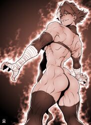 1girl abs arm_wrap ass bandages bare_shoulders biceps breasts butt_clench dairoku_tenma dark-skinned_female dark_skin highres hip_bones large_breasts looking_at_viewer marl_barrock monochrome multicolored_hair muscular muscular_arms muscular_back muscular_female muscular_legs obliques red_hair short_hair sideboob simple_background smile solo standing tensei_colosseum:_saijaku_skill_de_saikyou_no_onna-tachi_wo_kouryaku_shite_dorei_harem_tsukurimasu thick_thighs thighs tomboy toned two-tone_hair
