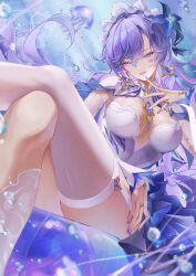 1girl absurdres blue_flower breasts bubble cantarella_(wuthering_waves) chigusa7h commentary_request crossed_legs dress earrings facial_mark fingernails flower hair_between_eyes hair_flower hair_ornament hand_up headdress highres jellyfish jewelry large_breasts long_hair looking_at_viewer mark_under_both_eyes mole mole_under_eye nail_polish parted_lips purple_hair purple_nails shrug_(clothing) single_thighhigh sitting smile solo thighhighs thighs underwater very_long_hair white_dress white_shrug white_thighhighs wuthering_waves