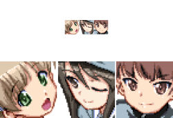 Rule 34 | 2ac5, 3girls, ;), aki (girls und panzer), bad id, bad pixiv id, black eyes, black hair, blonde hair, brown eyes, brown hair, closed mouth, commentary request, girls und panzer, green eyes, grey hat, hair between eyes, hat, inactive account, looking at viewer, mika (girls und panzer), mikko (girls und panzer), multiple girls, one eye closed, pixel art, short hair, smile
