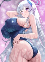 1girl absurdres ass aya-cis blue_archive breasts halo heart heart-shaped_pupils highres huge_breasts light_blush long_hair looking_at_viewer mechanical_halo noa_(blue_archive) purple_eyes school_swimsuit shower_head showering smile solo swimsuit symbol-shaped_pupils very_long_hair wet white_hair white_halo