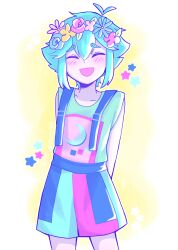 1boy absurdres alternate_costume antenna_hair basil_(headspace)_(omori) basil_(omori) blush closed_eyes collarbone colored_skin flower green_hair head_wreath highres male_focus omori open_mouth short_hair shxro524 smile solo white_skin