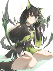 Rule 34 | 1girl, absurdres, animal ears, arknights, black hair, black jacket, black skin, can, closed mouth, colored skin, crystal tail, dress, green dress, green eyes, green hair, highres, holding, holding can, jacket, long hair, long sleeves, looking at viewer, luohua, mon3tr (arknights), monster energy, simple background, sitting, sleeves past fingers, sleeves past wrists, smile, solo, wariza, white background