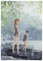 2girls absurdres alphonse_(white_datura) ass bare_legs bare_shoulders barefoot black_hair blue_one-piece_swimsuit blue_sky braid breasts brown_eyes brown_hair closed_mouth cloud day highres leaf long_hair looking_back multiple_girls nature one-piece_swimsuit original outdoors school_swimsuit sky small_breasts standing swimsuit tree twin_braids water wet wet_clothes wet_hair wet_swimsuit