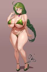 1girl 9is ahoge ankle_strap areola_slip belt_collar bikini blue_eyes blush braid breasts cameltoe cleavage collar green_bikini green_hair heart_pendant high_heels highleg highleg_bikini huge_breasts kantai_collection long_hair micro_bikini mole mole_under_mouth navel navel_piercing piercing pink_background signature smile solo standing swimsuit thick_thighs thighs wide_hips yuugumo_(kancolle)