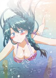 10s 1girl barefoot bikini blue_eyes blue_hair blush braid breasts bubble checkered_bikini checkered_clothes cleavage feet front-tie_top go!_princess_precure hanging_breasts highres kaidou_minami large_breasts long_hair looking_at_viewer matsuoka_michihiro precure side-tie_bikini_bottom side_braid smile solo swimsuit underwater water