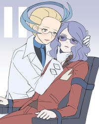 Rule 34 | 2boys, akr (tvfz2233), black jacket, blonde hair, blue hair, chair, collared shirt, colress (pokemon), commentary request, eye contact, frown, glasses, gloves, jacket, lab coat, long sleeves, looking at another, lucian (pokemon), male focus, multicolored hair, multiple boys, nintendo, open mouth, pants, pokemon, pokemon bw2, pokemon dppt, red jacket, red pants, restrained, shirt, short hair, sitting, smile, sunglasses, sweatdrop, two-tone hair, yaoi, yellow eyes